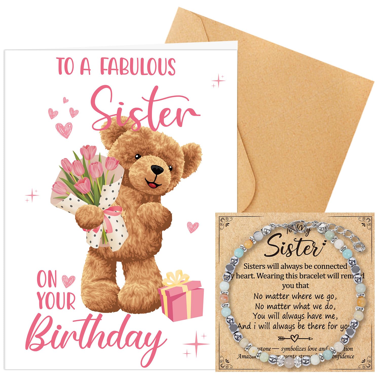 Luvart Sister Birthday Card Gift - Cute Sister Greeting Card with Bracelet Sis Birthday Gifts from Little Brother Sisters Sibling — image 1