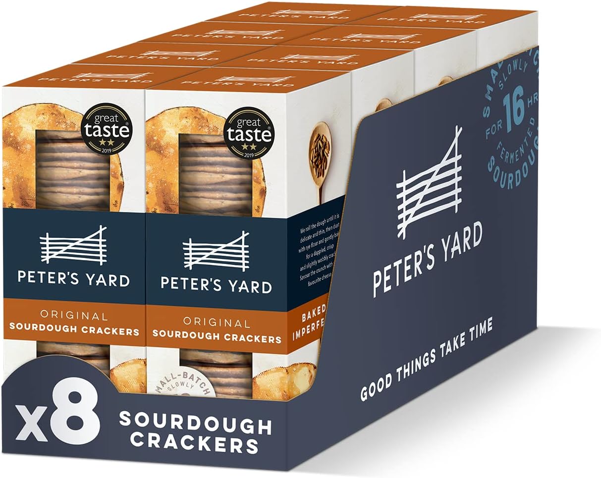 Peter's Yard Sourdough Crackers, Great with Chutney and Cheese, High Fibre, Natural Ingredients, Low Sugar, Pack of 8 x 90g Boxes