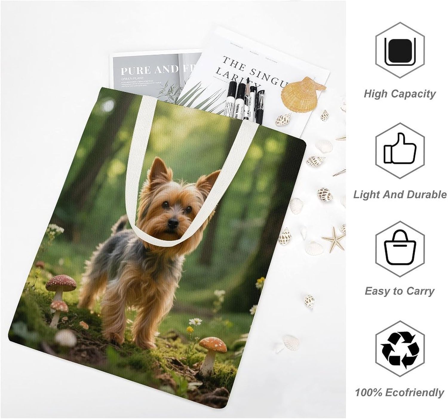 Canvas Tote Bag 16x15 In Lightweight Foldable Shoulder Hobo Purse | Yorkshire Terrier Dog, Casual Tote with 10" Strap, Everyday Carryall, for Travel Work Grocery Shopping Beach Mark Gym Yoga