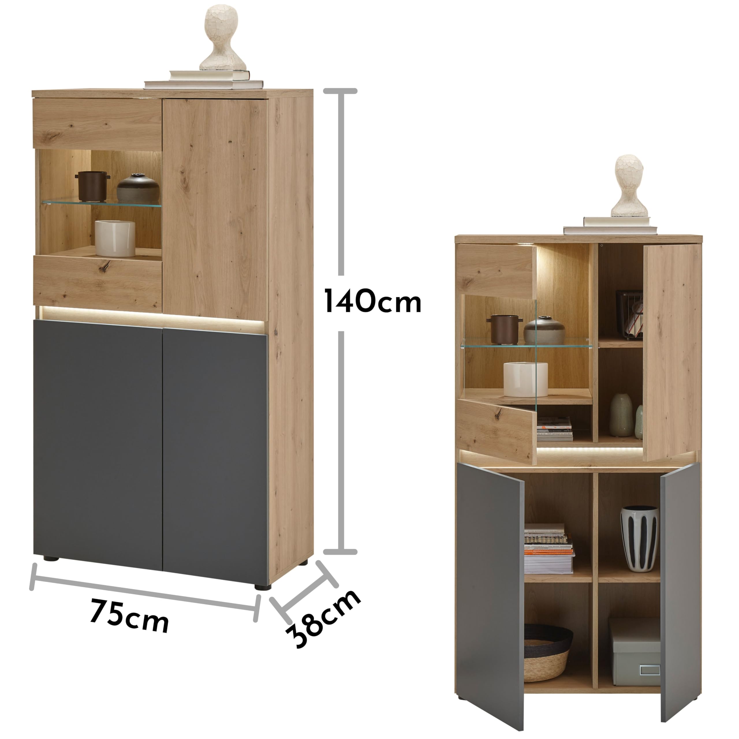 DEINE TANTE EMMA 45-841-U2 Lille Highboard - Cómoda con iluminación (Roble Artificial, 75 x 140 x 38 cm)