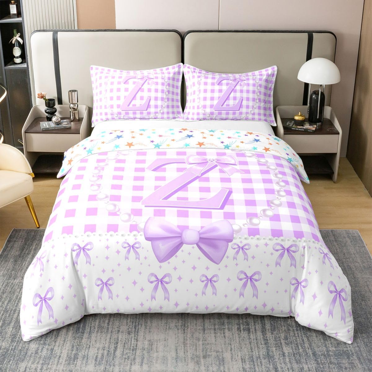 Erosebridal Purple Checkered Bow King 100% Cotton Duvet Cover for Girls