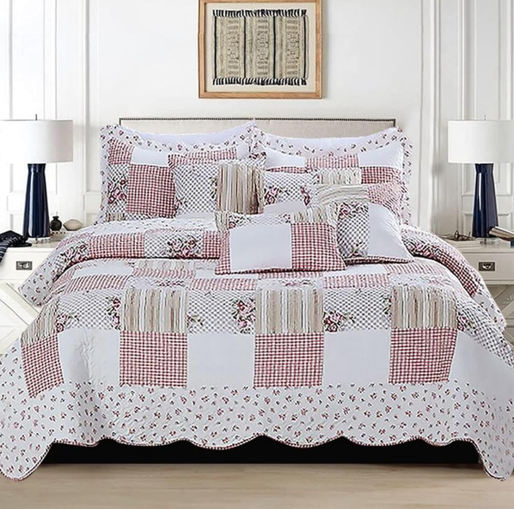 3 PCS Patchwork Bedspread Quilted Bed Throw Single Double King Size Bedding Set (Maison, Double)