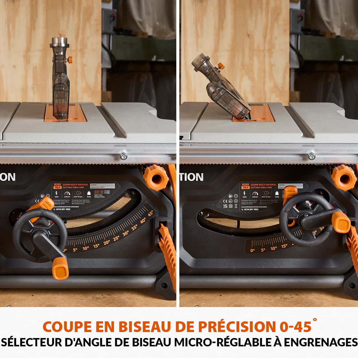 Evolution Power Tools R255TBL+ Scie De Table Rage 5-S Lame Multi-Matériaux 1800W Coupe Bois Métal Plastique Chanfrein 45° Onglet +/-60°