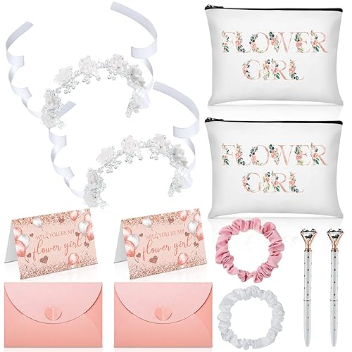 Eccliy Juego de 12 piezas de regalo de propuesta de niña de las flores, bolsa de cosméticos, tocado de niña de las flores, scrunchies de satén,