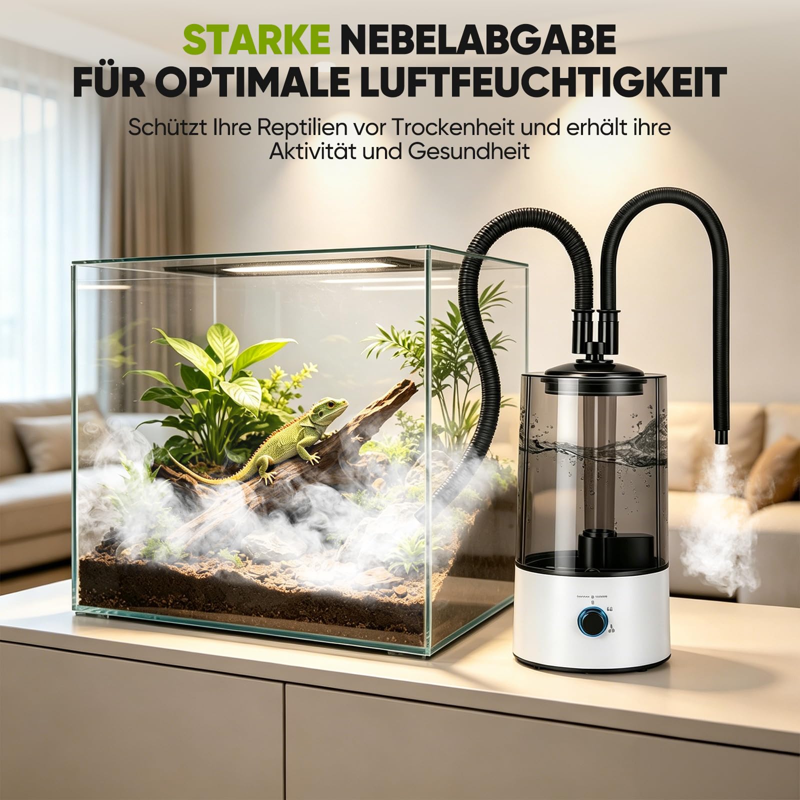 Reptilien Luftbefeuchter, 4L Großem Tank Nebelgerät，Reptilien-Tank-Terrarium Nebelmaschine mit 2m Schlauch,vernebler terrarium für Reptilien, Amphibien, Schildkröten, Feuchtpflanzen