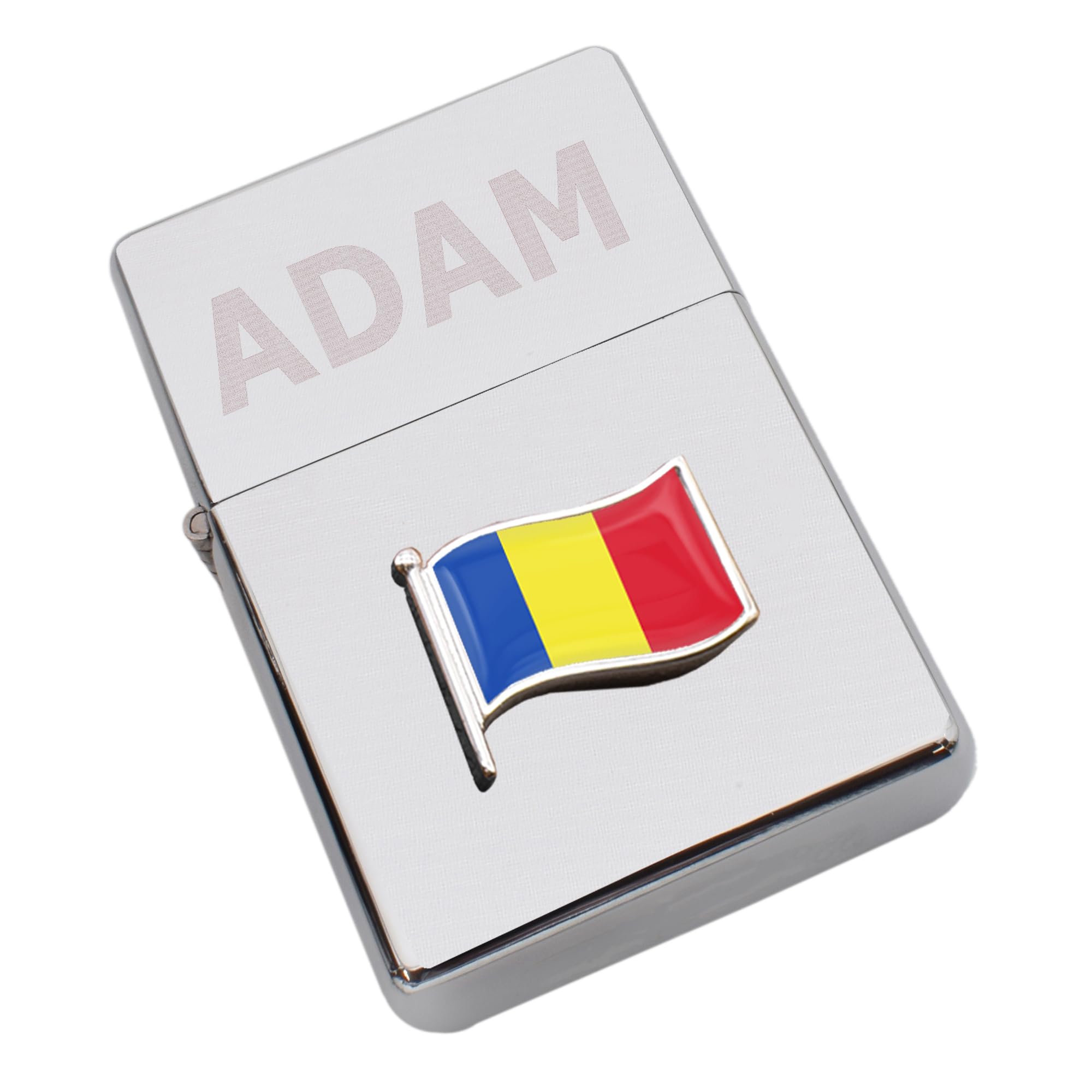 Romania Design Wave Flag Lighter Personalised with a Name or Initials, Chrome Finish, Presented in Box