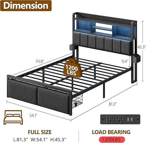 Miniatura 2 de Furnulem Marco de Cama Tamaño Full con Cabecera Tapizada, Marco de Cama Full con Cajones de Almacenamiento, Estación de Carga y Luces LED,