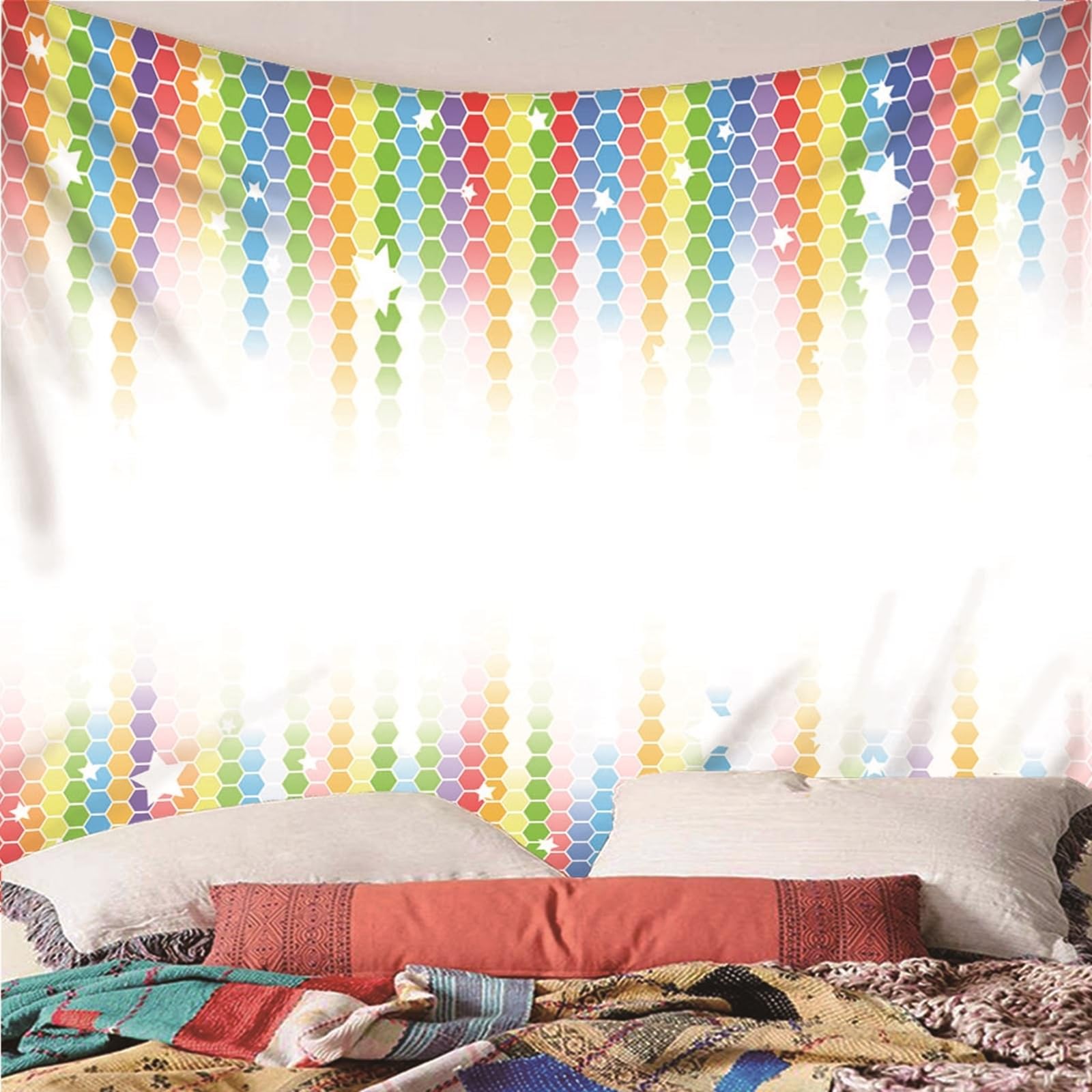 Lieson Wandteppich Sechseckiger Stern, Wandtücher Weiß Bunt Wandteppiche für Wohnzimmer Wohnheim Heimdekoration, 260x240CM