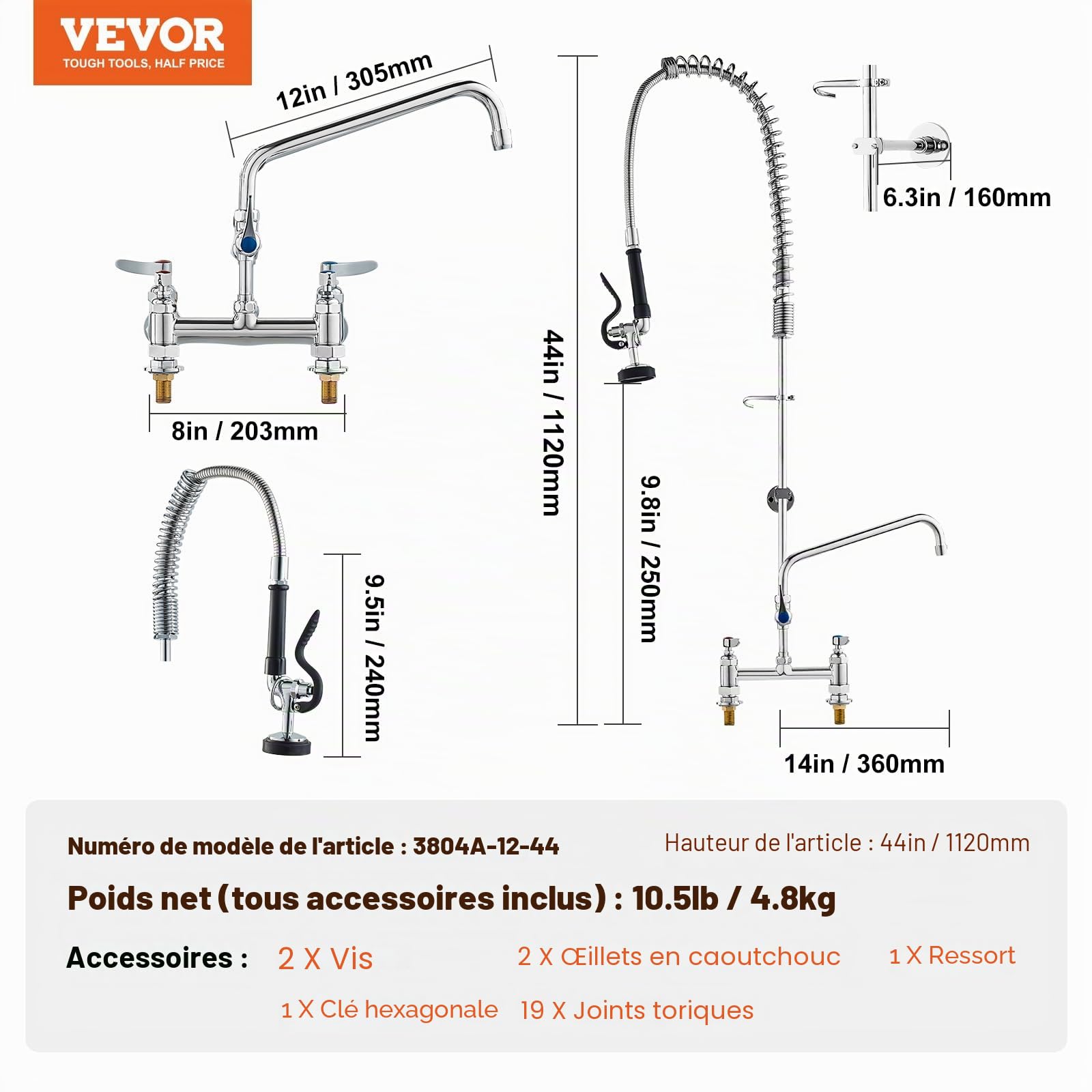 VEVOR Robinet de Cuisine Commercial avec Pulvérisateur de Pré-rinçage, Mitigeur avec Douchette Extractible, 1120 mm de Haut, Entraxe 203 mm, Bec Pivotant 305 mm, Montage sur Pont, pour Évier Rstaurant