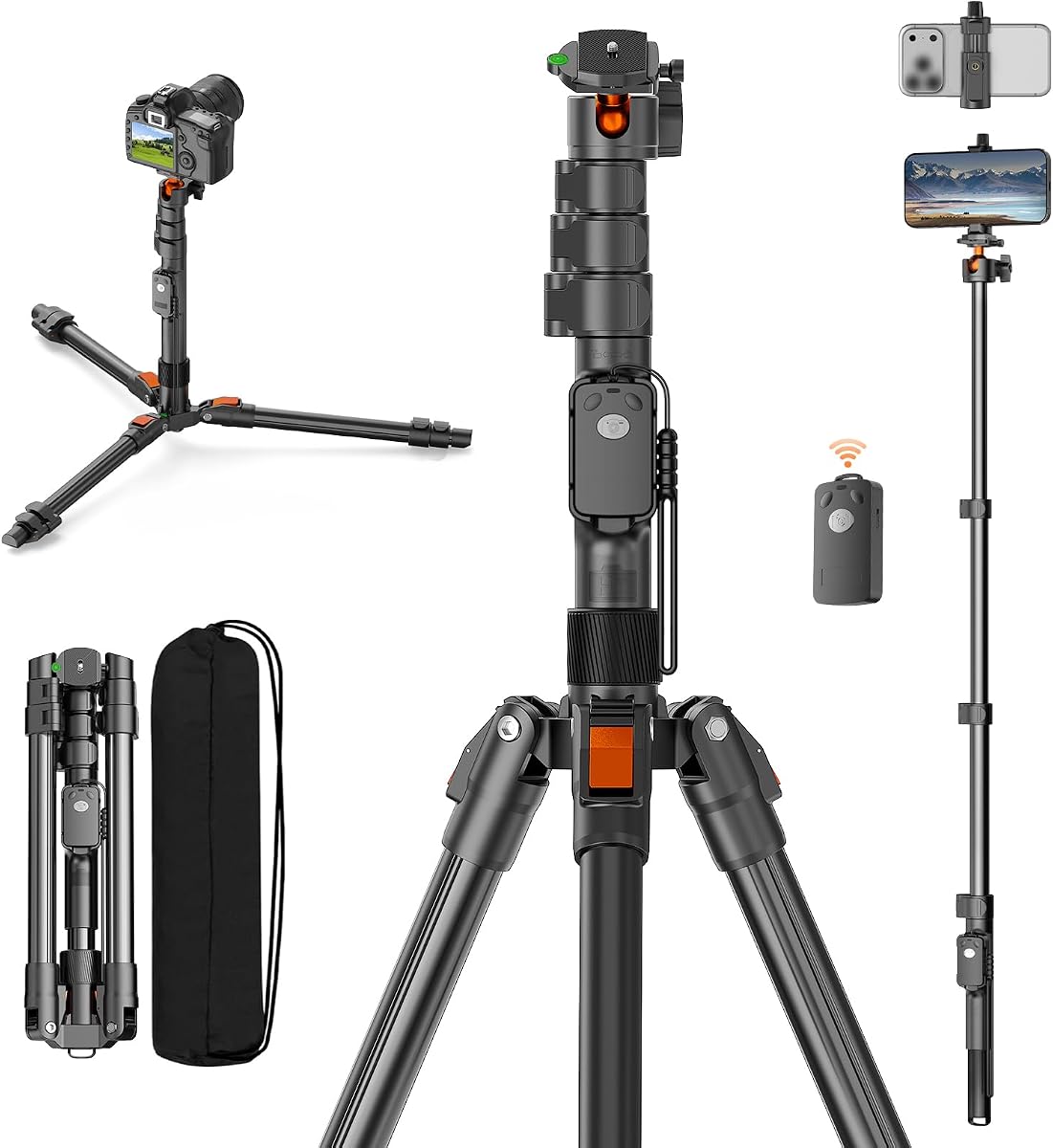 75" Camera Tripod,Aluminum Tripod for Camera Phone/Monopod with Remote | Cell Phone Tripod for iphone with Ball Head,Camera Stand for Canon/Sony/DSLR/Digital Camera Accessory Kits,Max Load 17.64lb