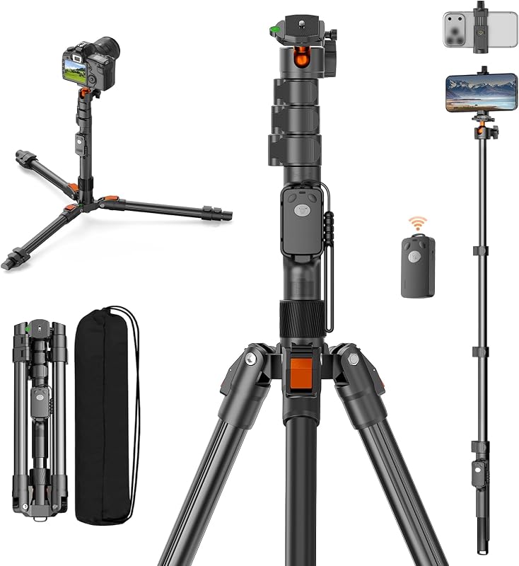 75" Camera Tripod,Aluminum Tripod for Camera Phone/Monopod with Remote | Cell Phone Tripod for iphone with Ball Head,Camera Stand for Canon/Sony/DSLR/Digital Camera Accessory Kits,Max Load 17.64lb