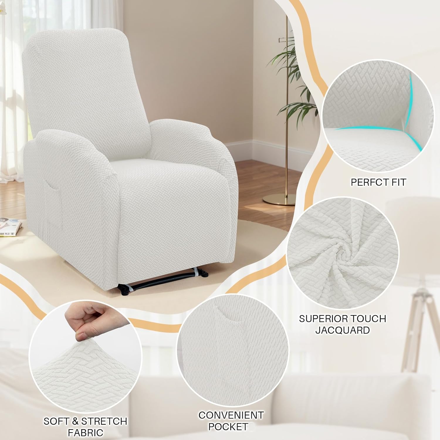LiveGo Recliner Chair Cover 4 Piece Slipcover Small Recliner Cover Jacquard 1 Seat Couch Covers Washable Chair Furniture Protector