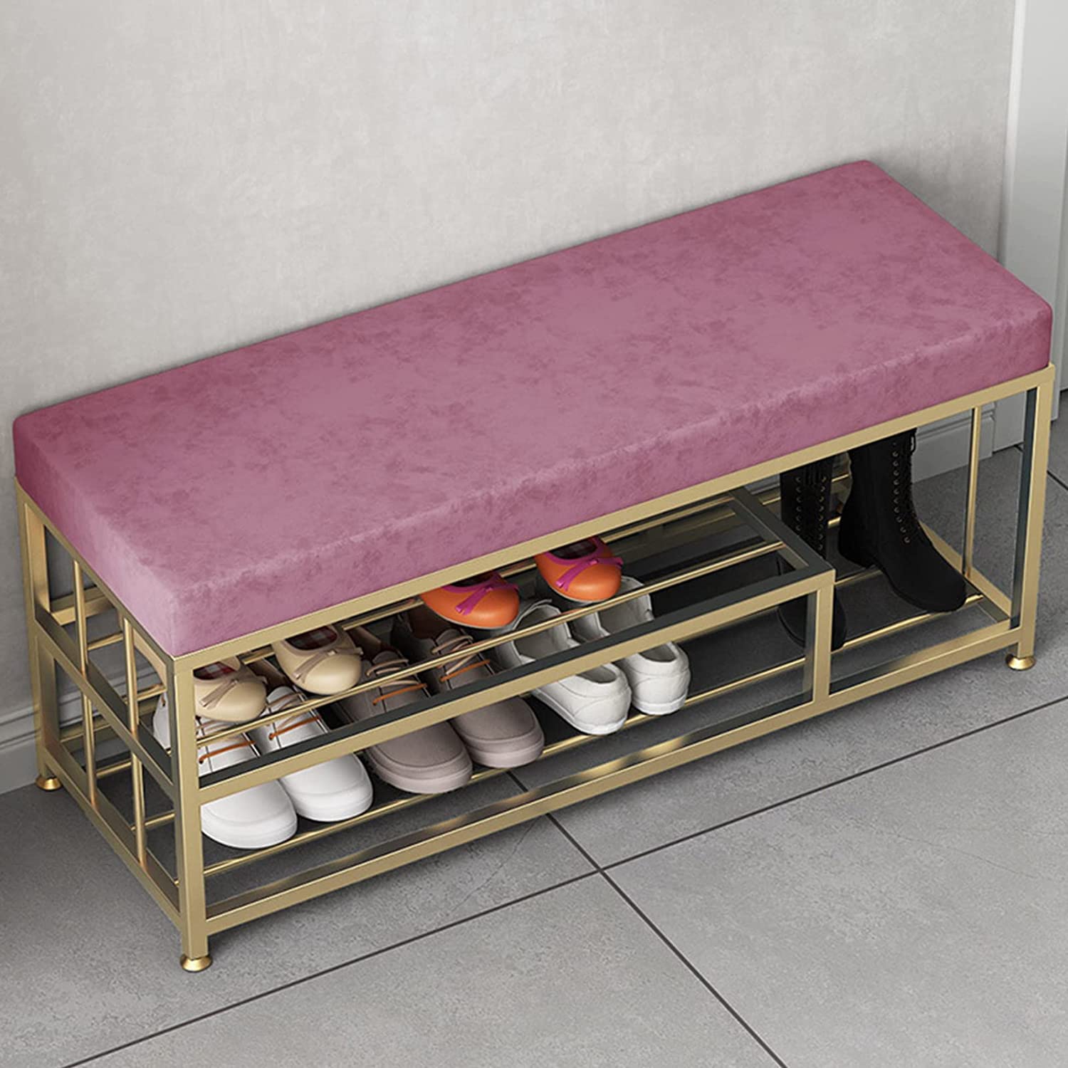 Tabouret repose-pieds rembourré confortable et banc en velours rose avec cadre doré stable