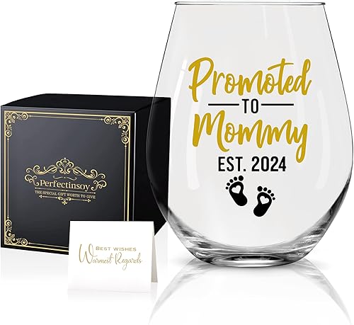 Perfectinsoy Promoted To Mommy Est.2024 - Copa de vino con caja de regalo, regalos divertidos para mamá, madre nuevamente, primera vez para madre,
