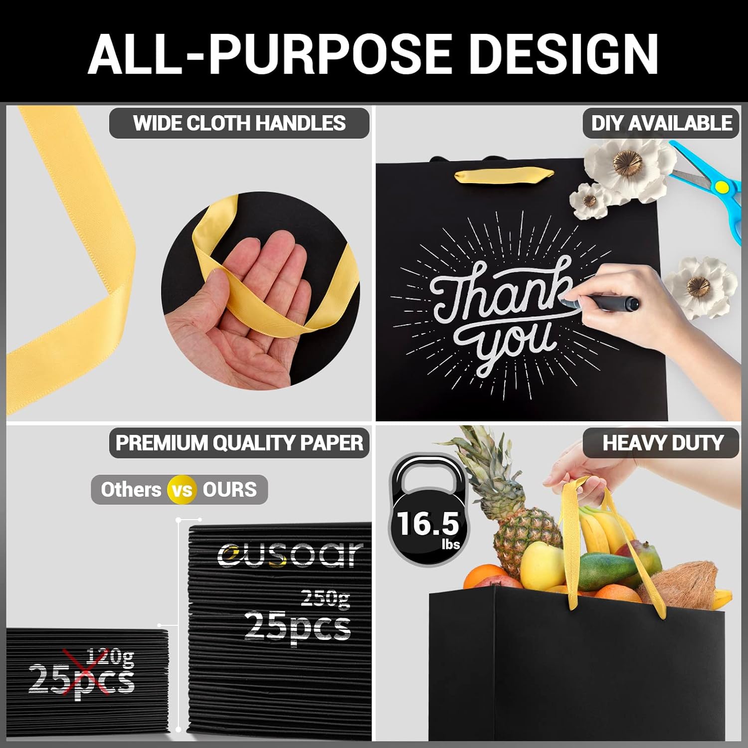 EUSOAR Large Black Golden Handles Shopping Bags, 25 Pack 12.5x4.5x11 inches Gift Wrap Bags Handles Bulk, Merchandise Retail Wrapping Bags for Business, Craft Grocery, Wedding