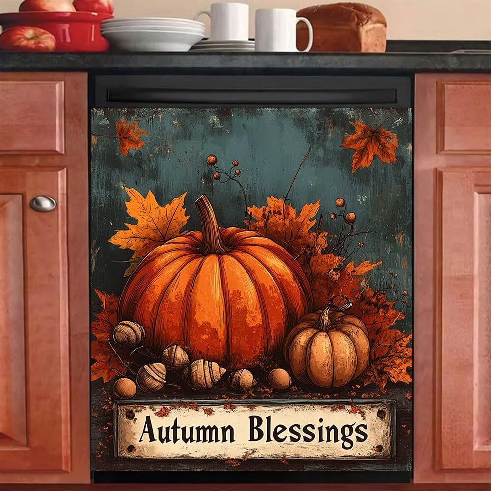 Retro Pumpkin Magnet Dishwasher Door Cover, Autumn Blessings Magnetic Refrigerator Skin Cover Panel, Thanksgiving Harvest Dishwasher Fridge Panel Decal for Kitchen, 23x26 in (Magnetic)