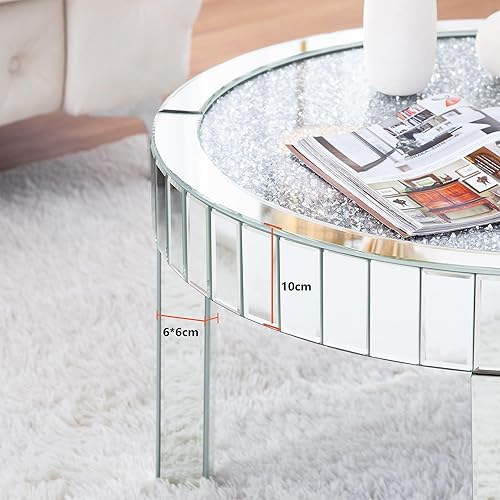 Miniatura 6 de Mesa de centro con espejo con incrustaciones de cristal, mesa de centro redonda moderna de 31.5 pulgadas con superficie de espejo, mesa decorativa