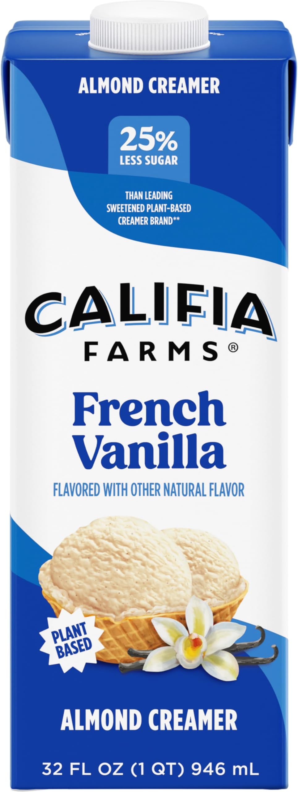 Califia Farms - French Vanilla Almond Milk Coffee Creamer, 32 Oz, Shelf Stable, Dairy Free, Plant Based, Vegan, Gluten Free, Non GMO