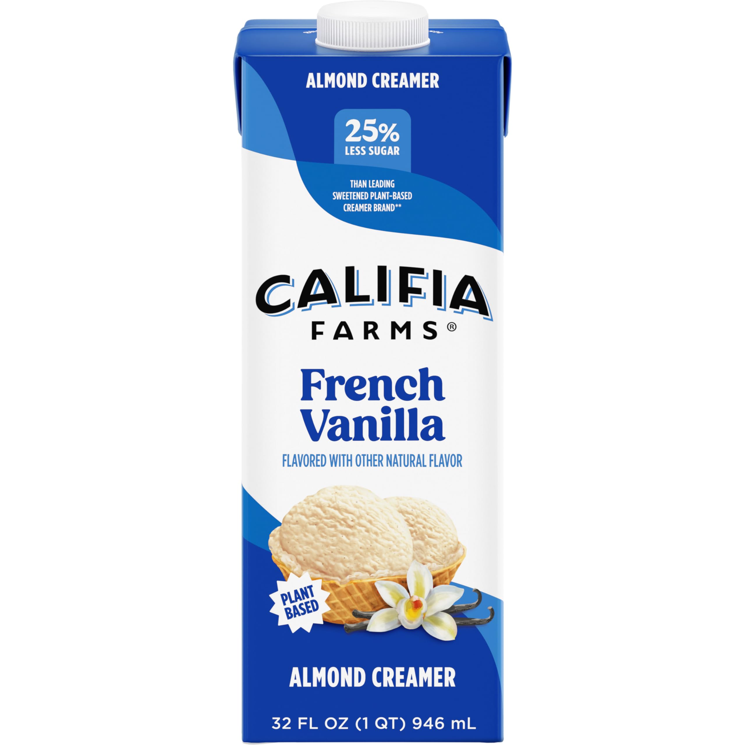 Califia FarmsFrench Vanilla Almond Milk Coffee Creamer, 32 Oz, Shelf Stable, Dairy Free, Plant Based, Vegan, Gluten Free, Non GMO