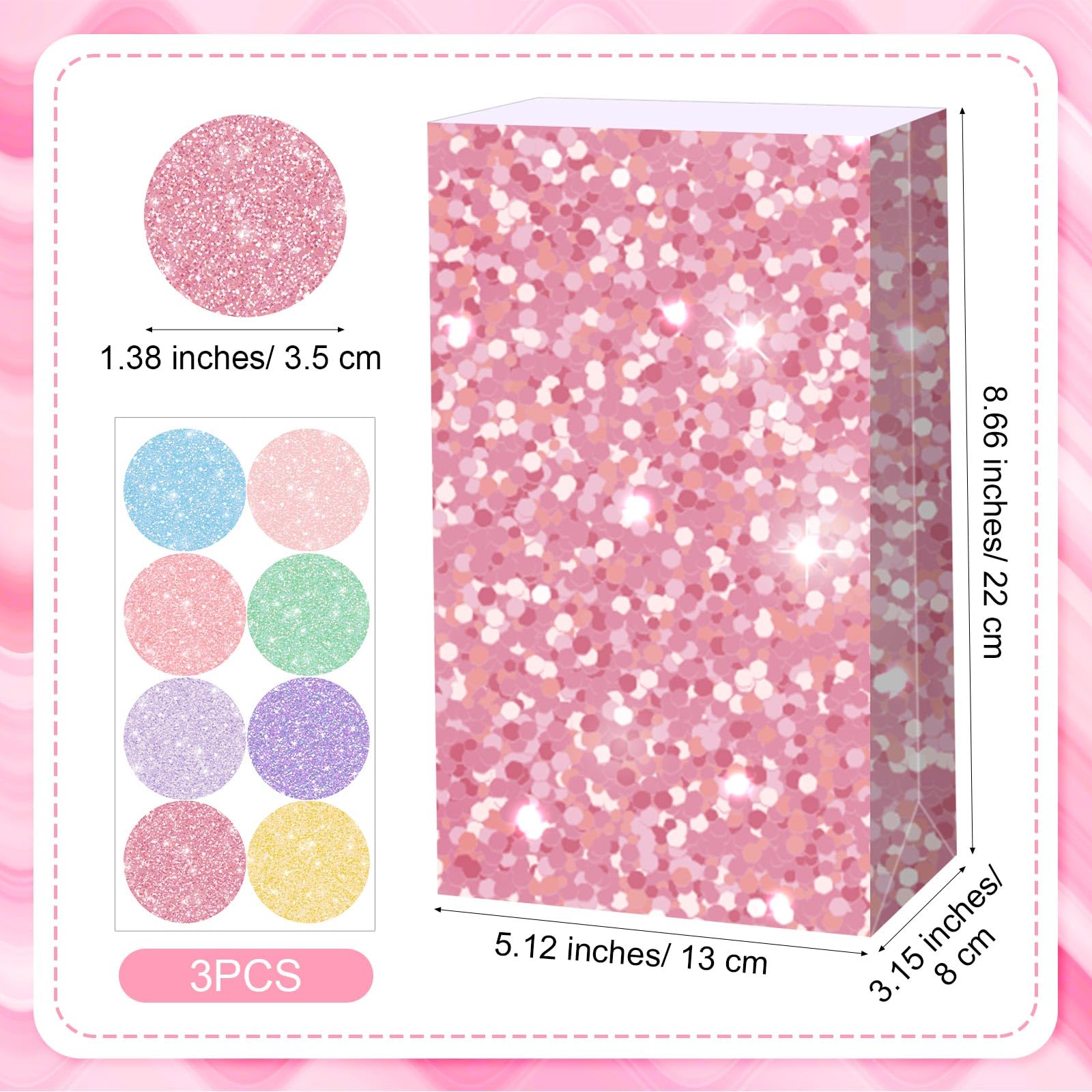Kolldenn 24 Pcs Glitter Pastel Gift Bags Bulk Pastel Party Favors Small Goodie Treat Bags with Sealing Stickers for Wedding Baby Shower Birthday Holiday Party Favors Supplies