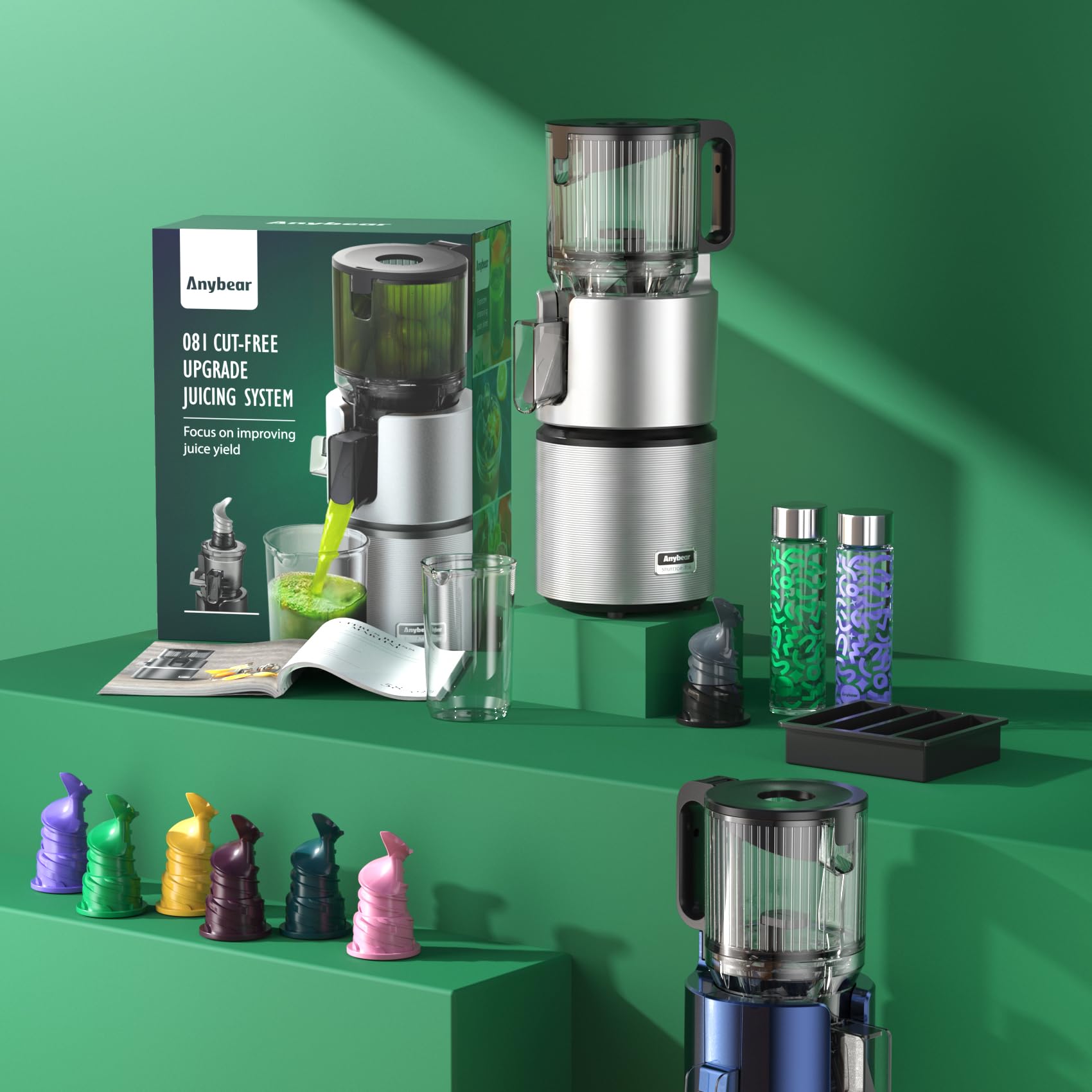 Anybear Kaltentsafter 350W, Slow Juicer mit 124 mm Einfüllschacht für Ganze Früchte und Gemüse, Entsafter mit Hoher Saftausbeute, Doppel-Zerkleinerungstechnologie, BPA-freies Tritan (Silber)