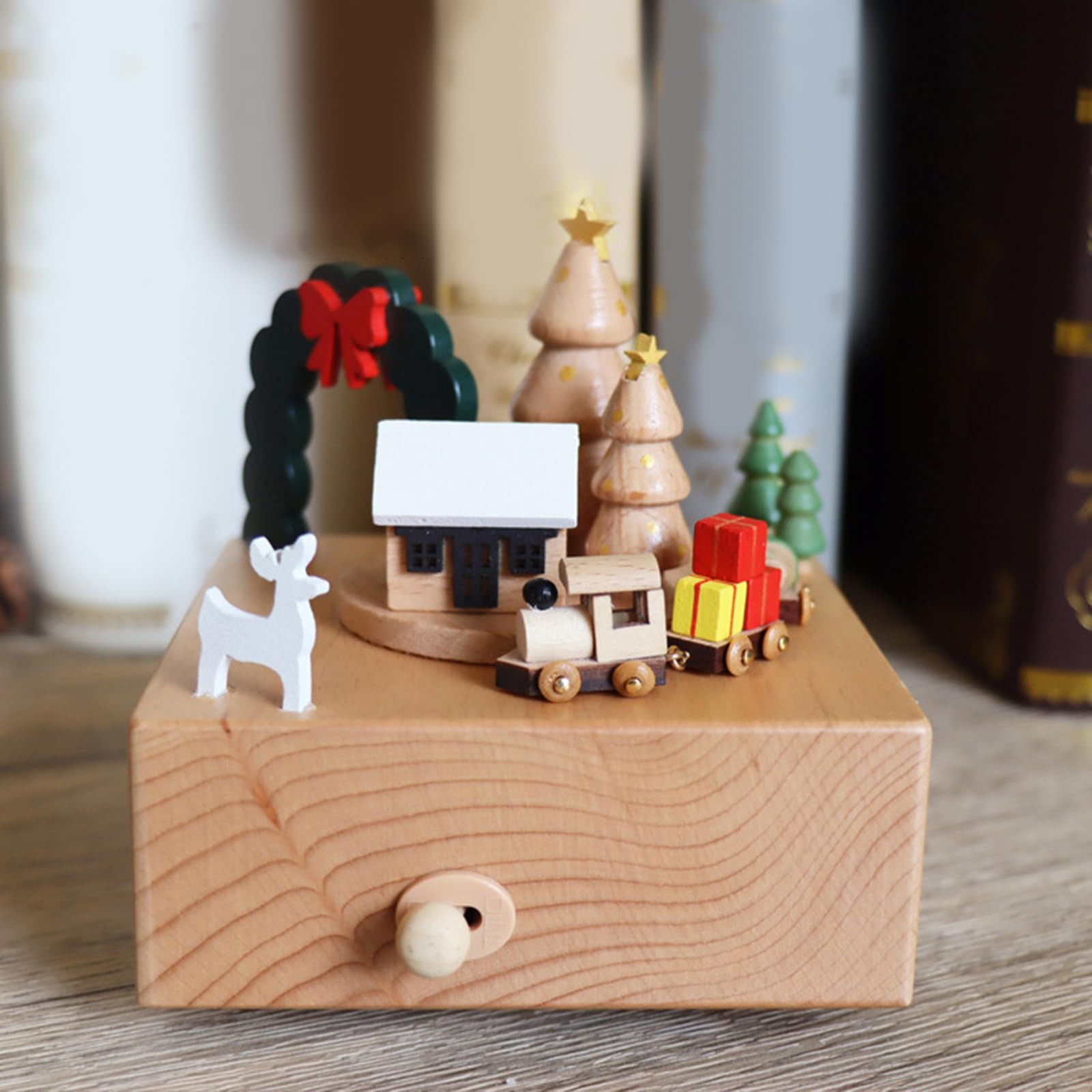 Hand Wood Music Box con treno rotante, regalo di compleanno, ornamento a forma di cartone animato, decorazione per la casa, tablet