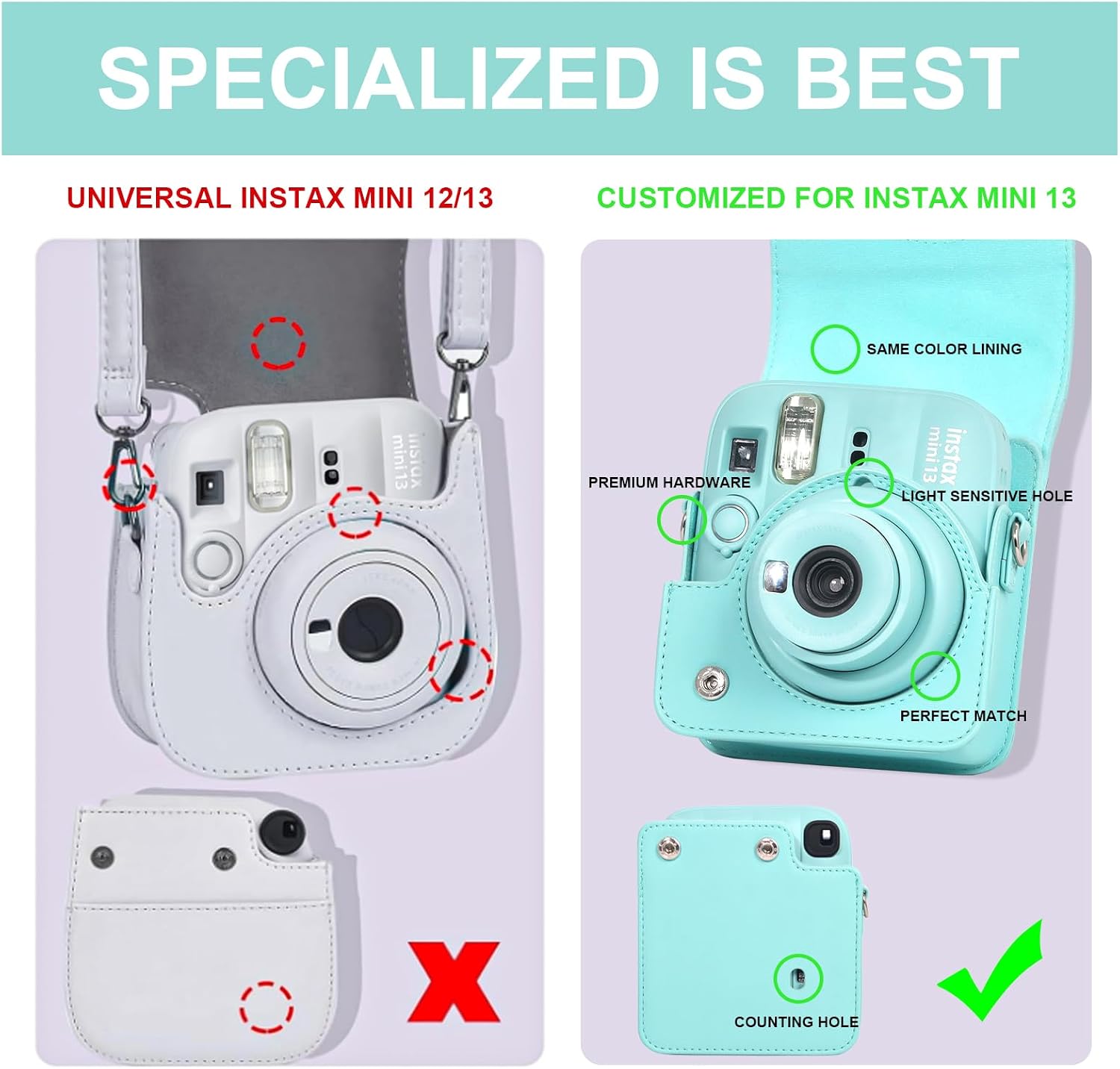 CAIYOULE Camera Case for Fujifilm Instax Mini 13 Instant Film Camera, Retro Leather Protective Camera Crossbody Bag for Fuji Mini 13 with Photo Album, Adjustable Shoulder Strap, Green, No Camera