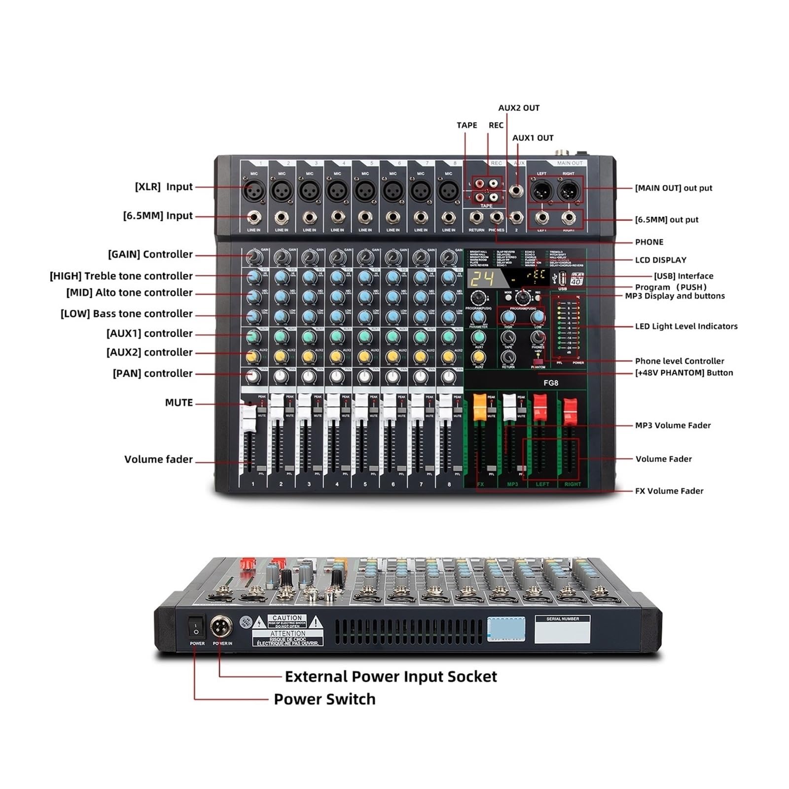 Mikser dźwięku, Mikser audio FG8 8-kanałowa konsola miksująca DJ PC USB Nagrywanie Funkcja Bluetooth 24 Efekty cyfrowe Zasilanie Phantom 48 V(FG8)