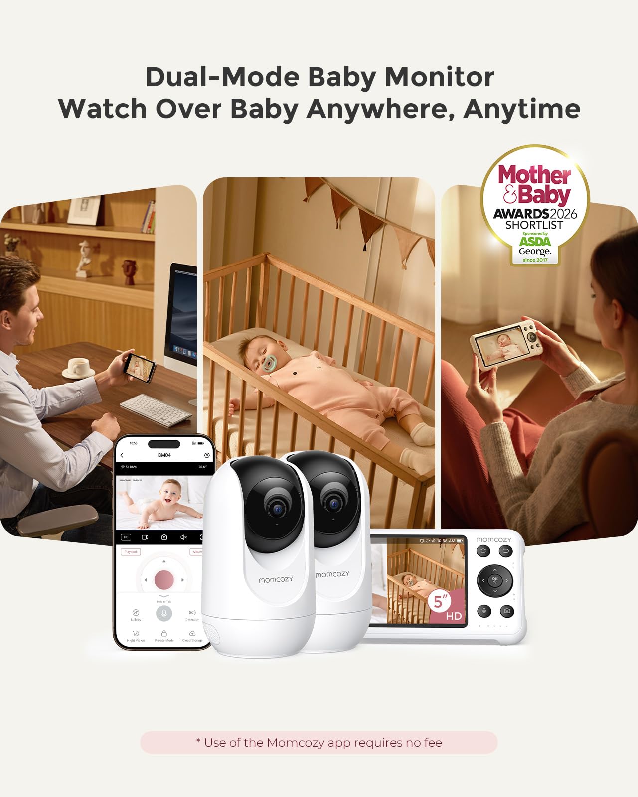 Momcozy BM04 elektroniczna niania z 2 kamerami, inteligentny monitor Wi-Fi, ekran 1080p, kamera dla niemowląt z uchwytem ściennym, rozpoznawaniem ruchu i pisania, strefa bezpieczeństwa, wyraźna