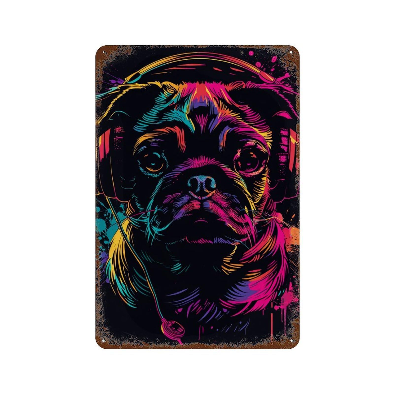 Colorful Pug Headphones Art Print Aged Metal Wall Plaque 11.8"x7.9", Ideal for Garage, Bar And Workshop Decor