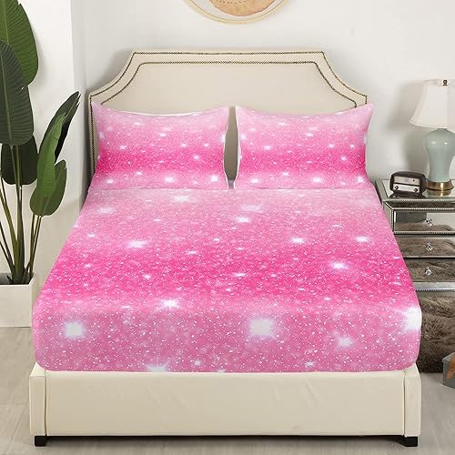 Miniatura 4 de jejeloiu Juego de sábanas de 4 piezas con purpurina rosa pastel para niñas y mujeres, juego de sábanas bajeras con purpurina espacial con 1 sábana