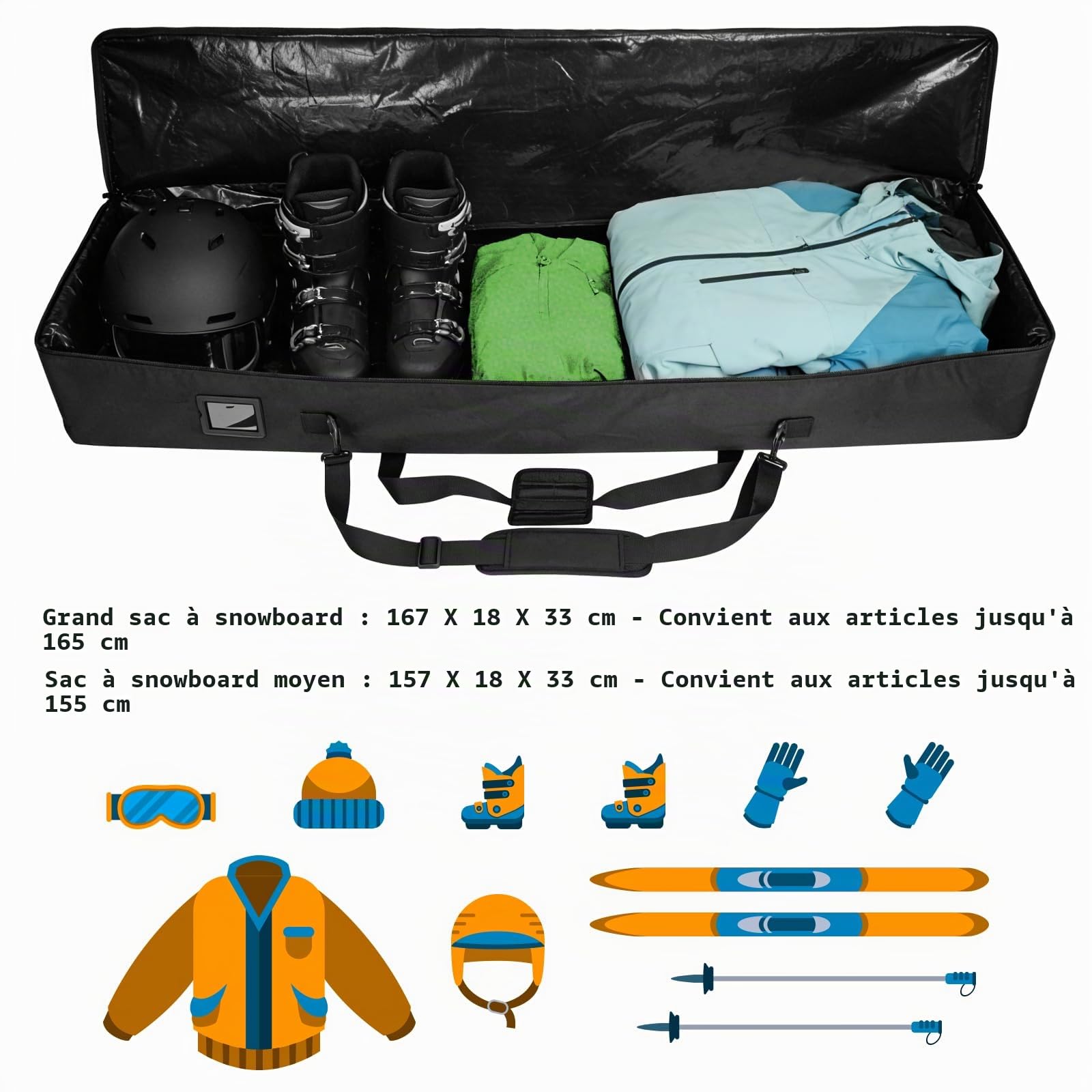 AUMTISC Sac de transport imperméable pour planche à neige, 155 cm, bleu, pour voyage en avion et sports d'hiver