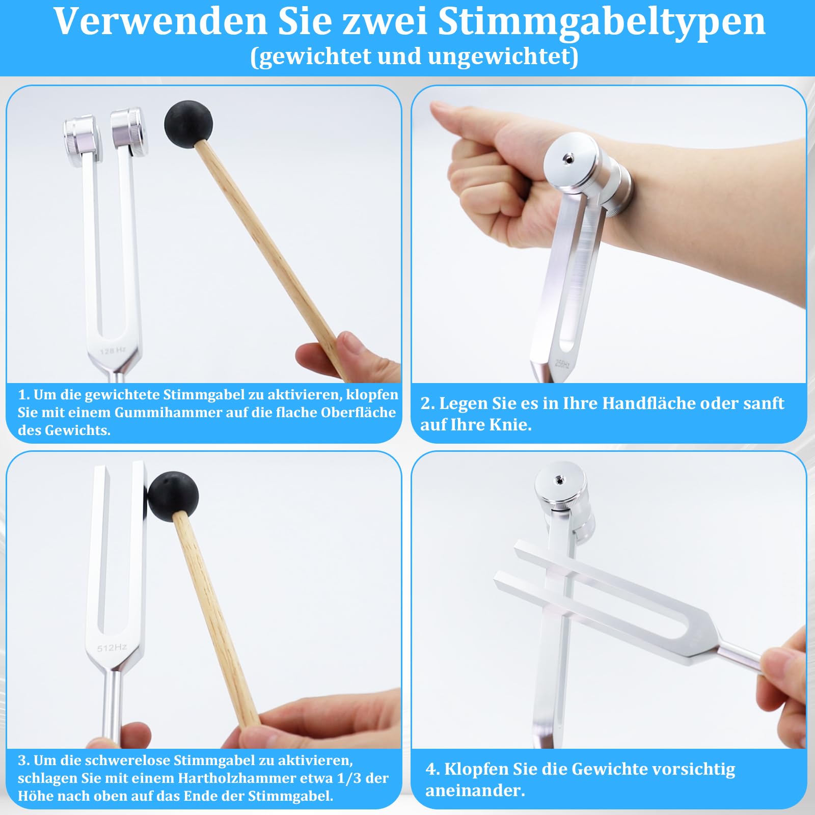 Juego de diapasones de 128 Hz, 256 Hz, 512 Hz, terapia de diapasón, diapasón de aleación de aluminio, respuesta de frecuencia precisa con un martillo de silicona para la terapia, terapia de chakras