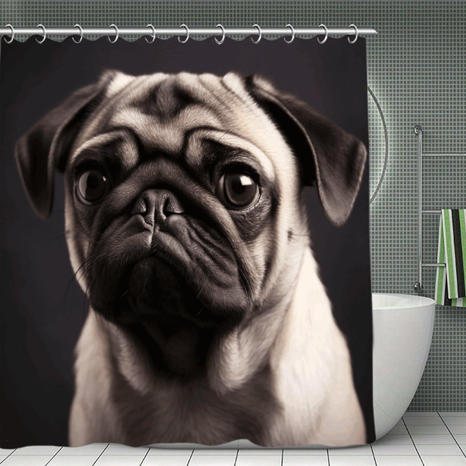 VstaDank Pug Shower Curtain Light-Weight Blackout Bathroom Curtain Washable Shower Liner 71x71 Inch Bath Curtain with Metal Holes Bathtub Bath Room