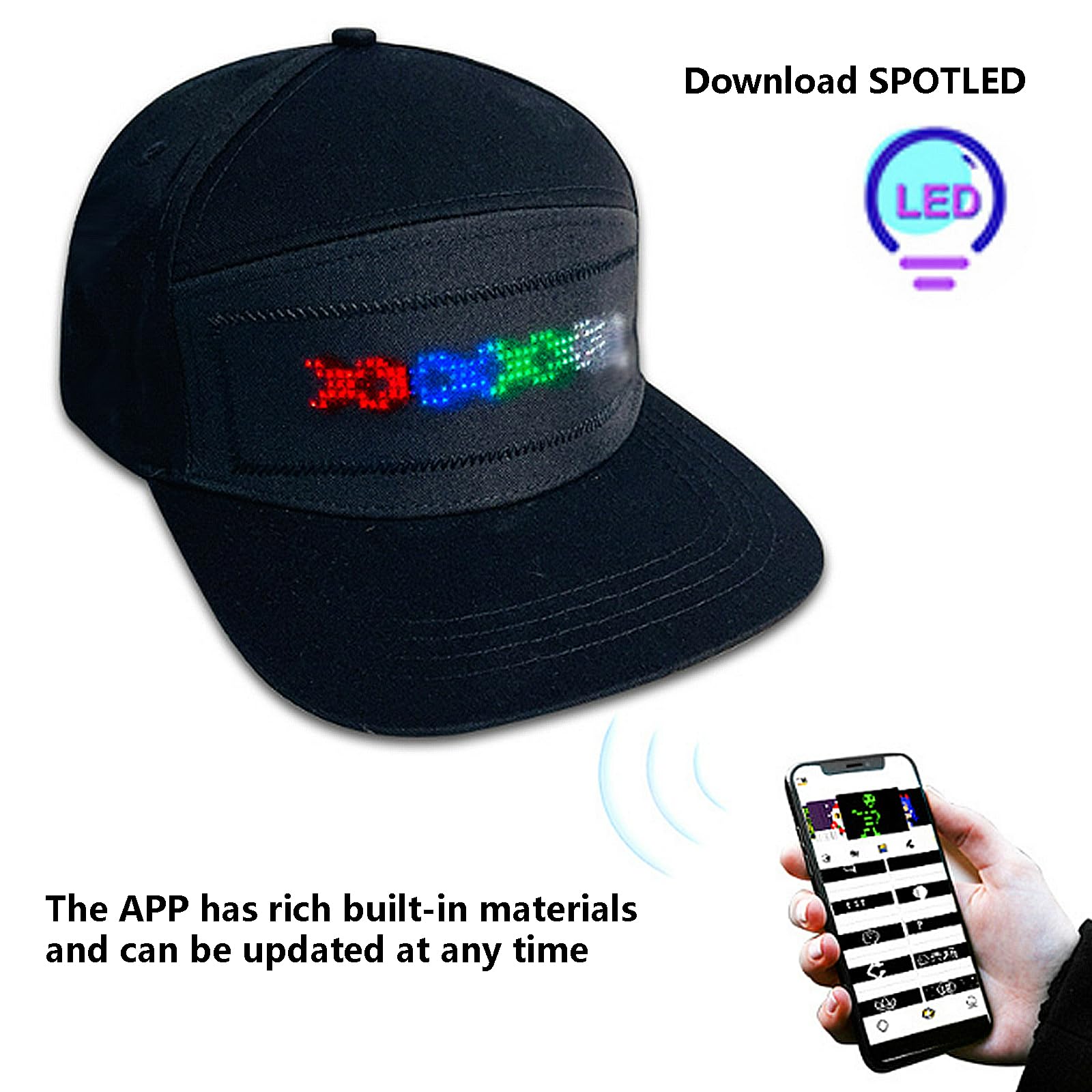 Gorra LED programable con control de aplicación móvil, texto editable, animación, música, graffiti, diseño DIY para fiestas de cumpleaños, conciertos, carnivales, Navidad, bares, clubes