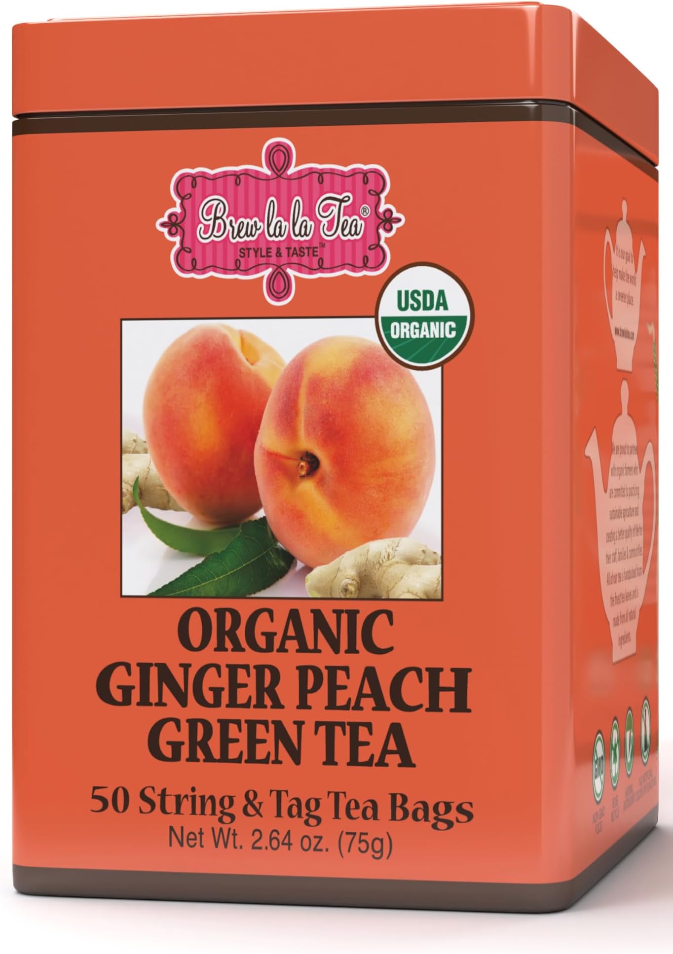 Brew La La Organic Green Tea - Natural Ginger Peach Flavor - 50 Double Chambered Tea Bags - Low Caffeine - USDA Certified Organic - NonGMO - Gluten Free