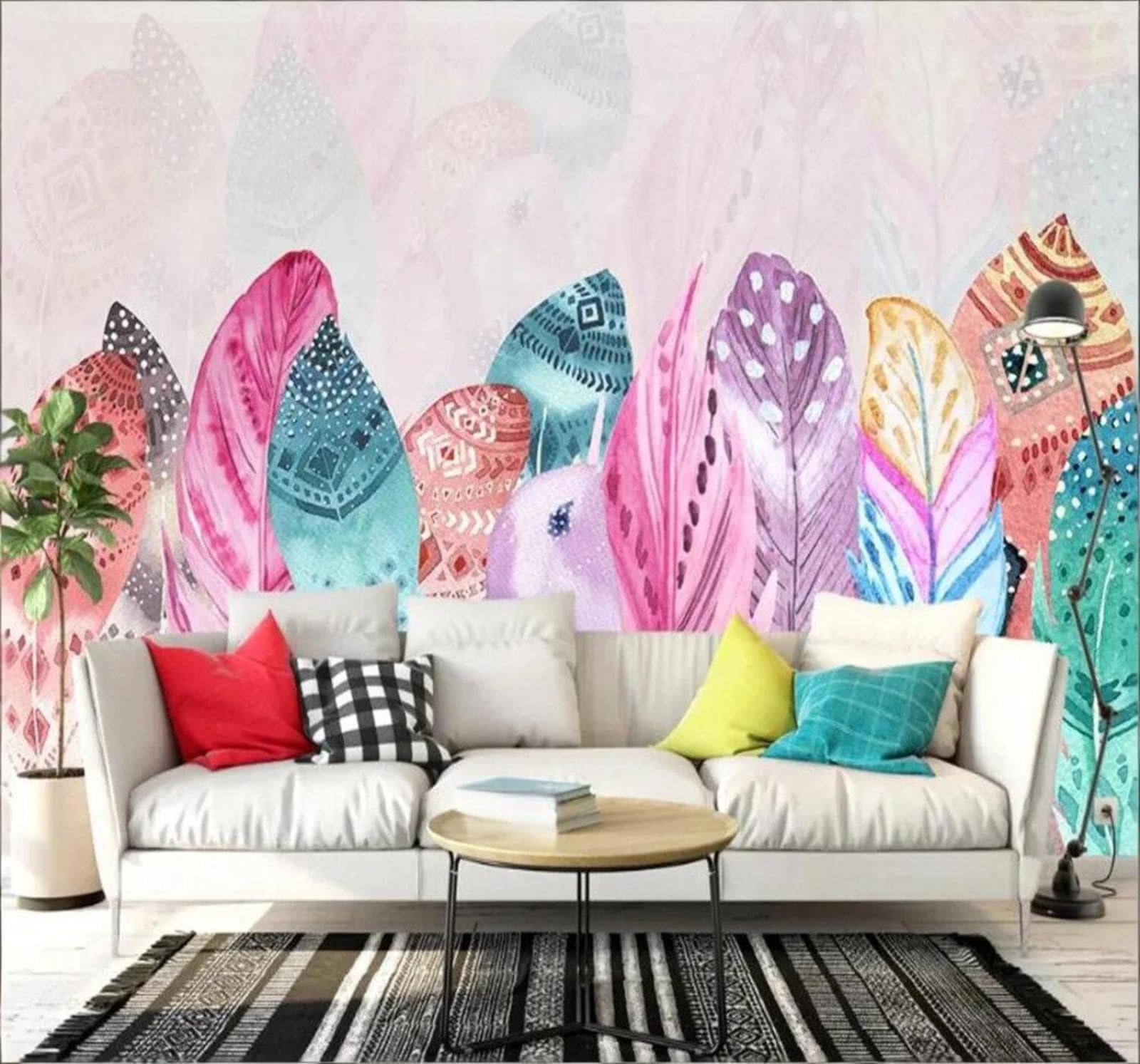 Tzxztt Colourful Hand Drawn Feathers Art Pattern Modern 3D Wallpaper Premium Textured Silk Neutral Tones Material Ideal for Living Room Bedroom-250cm×170cm