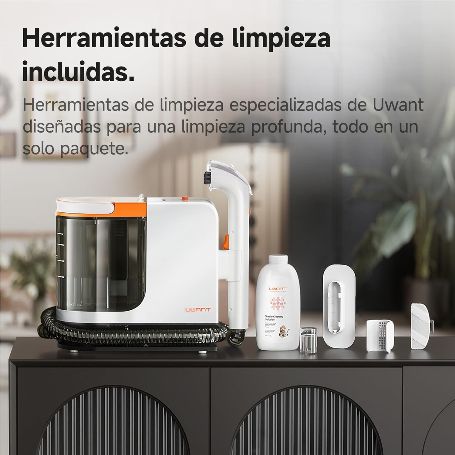 Uwant Limpiador de Tapicerías y Alfombras 18kPa Potente Succión, Máquina Limpiadora Portátil con Autolimpieza, Limpiador de Manchas para Mascotas con Herramientas y Solución, para Sofá, Coche set of 1