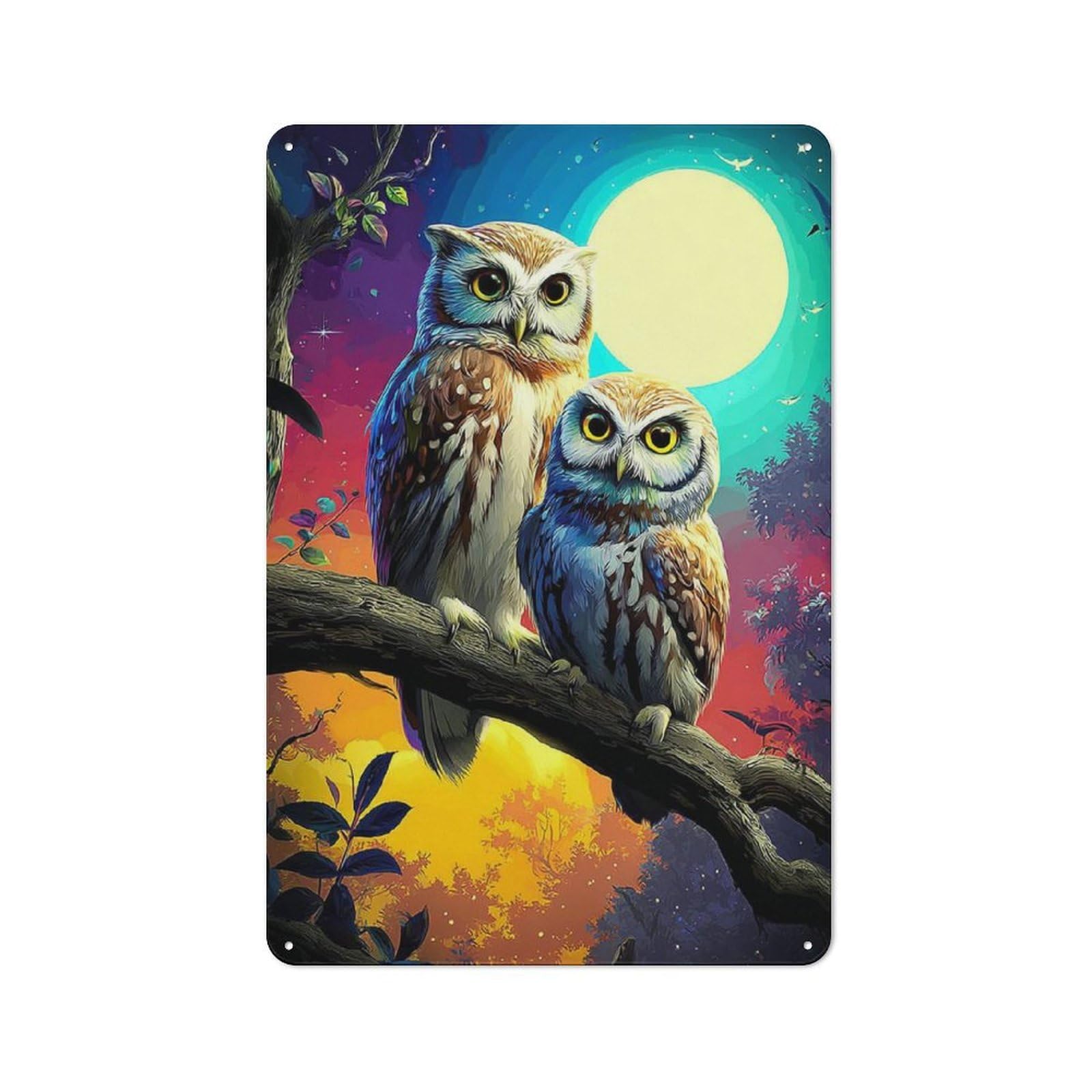Junmoney Owls Under The Moonlit Sky Metal Wall Plaque 30X20cm, Everyday Small Space Decor For Flat, Dorm Room, Lounge Or Cafe