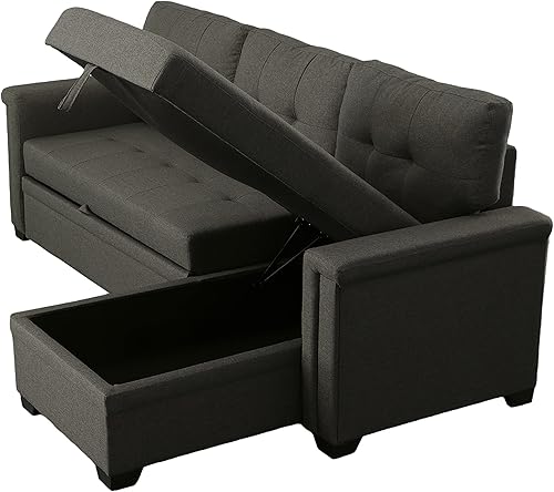 Miniatura 7 de Benjara Ruben 84 Inch Reversible Sleeper Sectional Sofa, Storage Chaise, Dark Gray