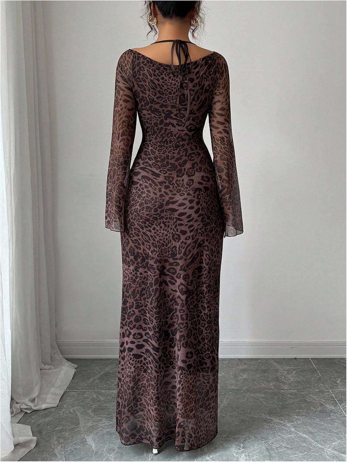 Women's Y2k Leopard Bodycon Dress Cheetah Mesh Tie Back Bell Sleeve Fishtail Maxi Party Dresses - Image 2