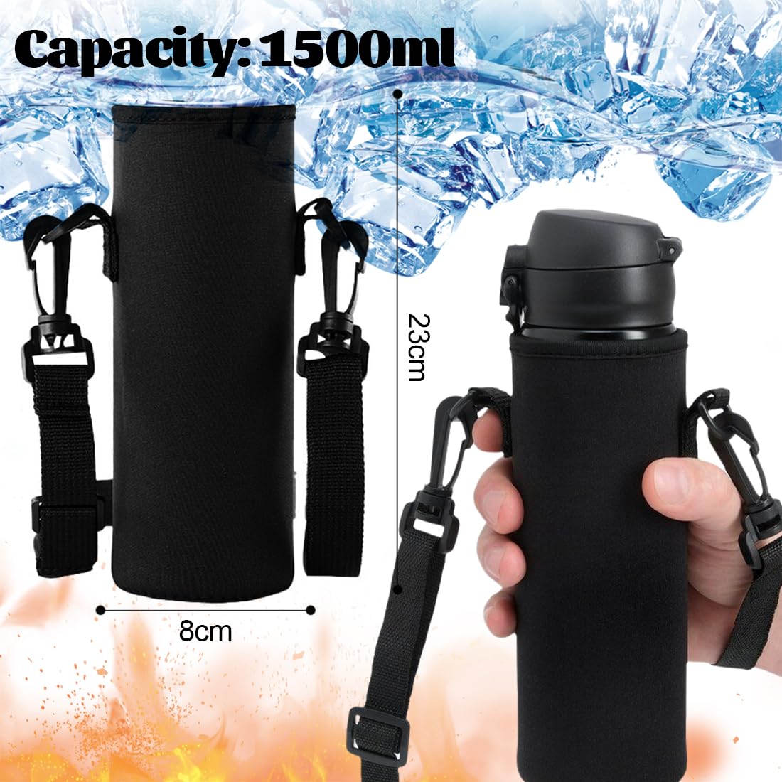 JEYORZY Borsa in Neoprene per Borraccia con Tracolla, Portatili Custodia Protettiva Bottiglia d'Acqua, per Viaggio ed Escursionismo, 1500ML - Porta Bottiglia Acqua, Protezione Bottiglia, 1 Pezzo