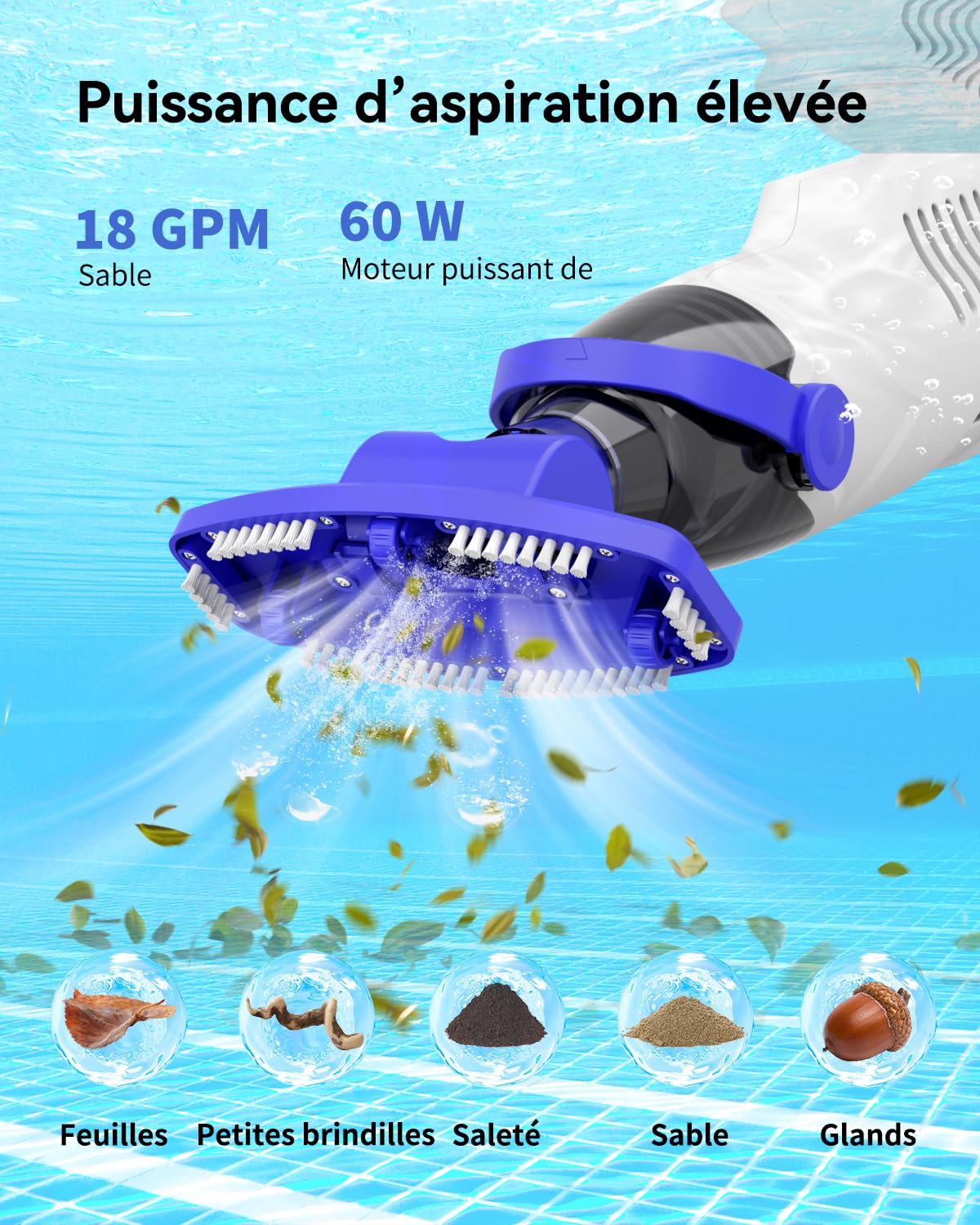Aspirateur Piscine, Aspirateur Spa Jacuzzi, 60 Min d’Autonomie, Manuel Nettoyeur Piscine avec Filtres et Brosse, pour Piscine, Jacuzzi et Spa