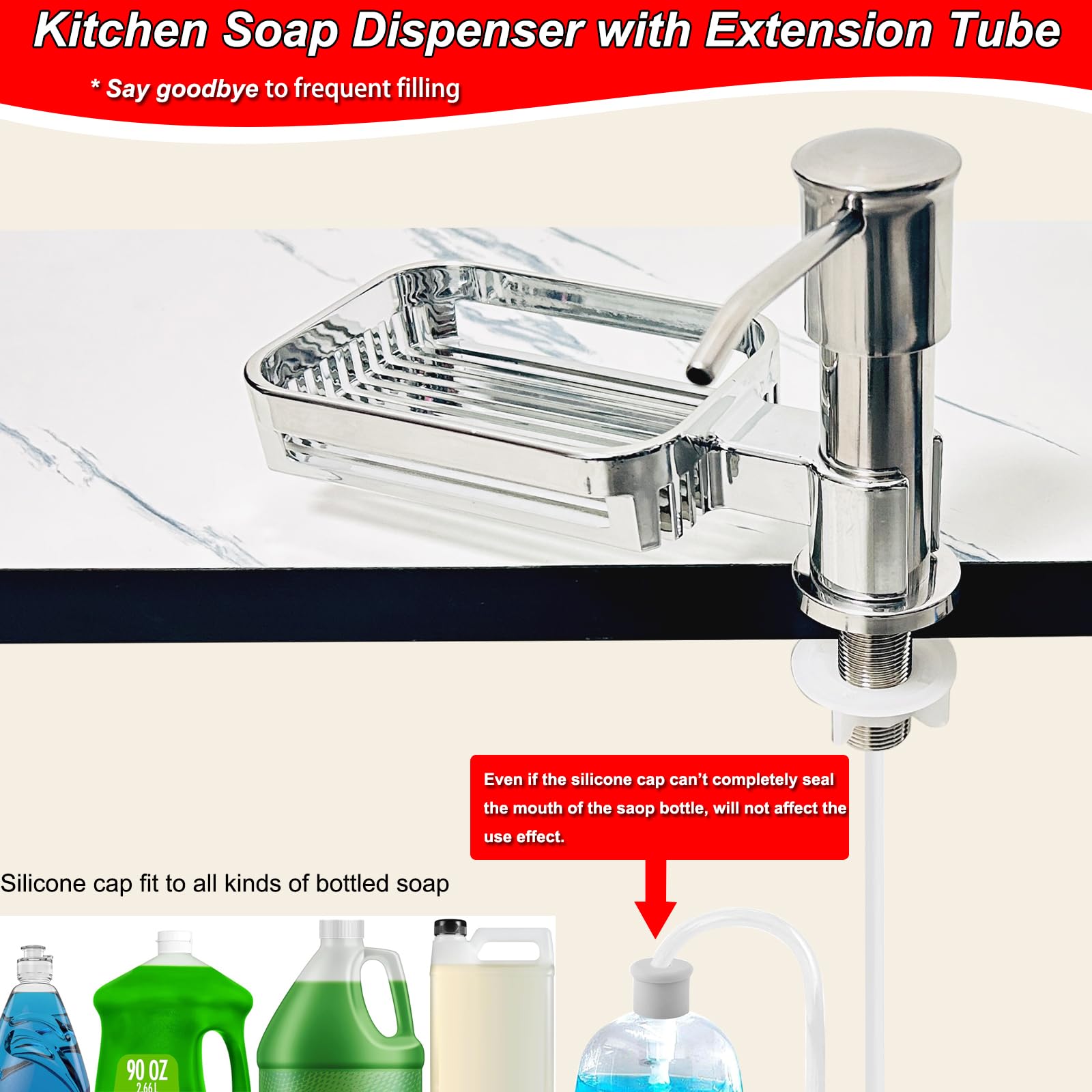 Soap Dispenser For Kitchen Sink, Mecyfaty Under Counter Sink Soap Dispenser Pump With 39" Extension Tube Kit, Built In ABS Kitchen Dish Soap Dispensers With Sponge Holder, No More Refills, Chrome - View #3