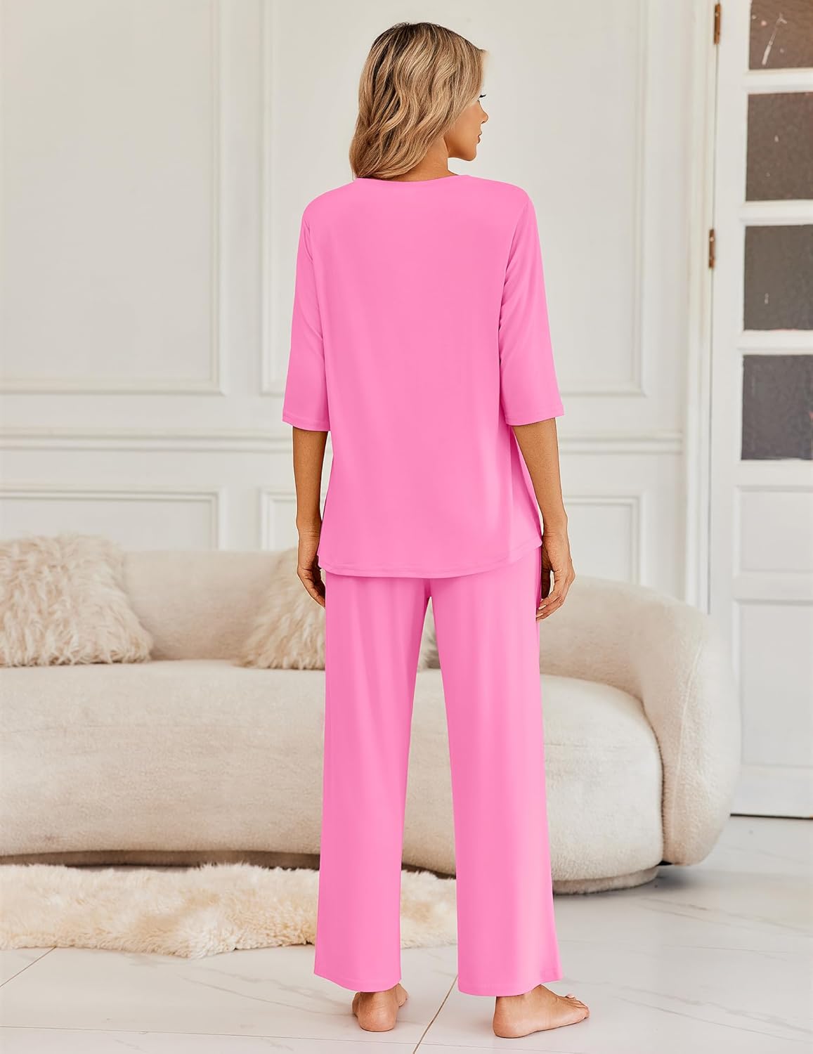 Ekouaer Womens Lounge Sets 2 Piece Pajamas Sets 3/4 Sleeve Tops and Long Pants Soft Pjs Loungewear with Pockets - Image 2