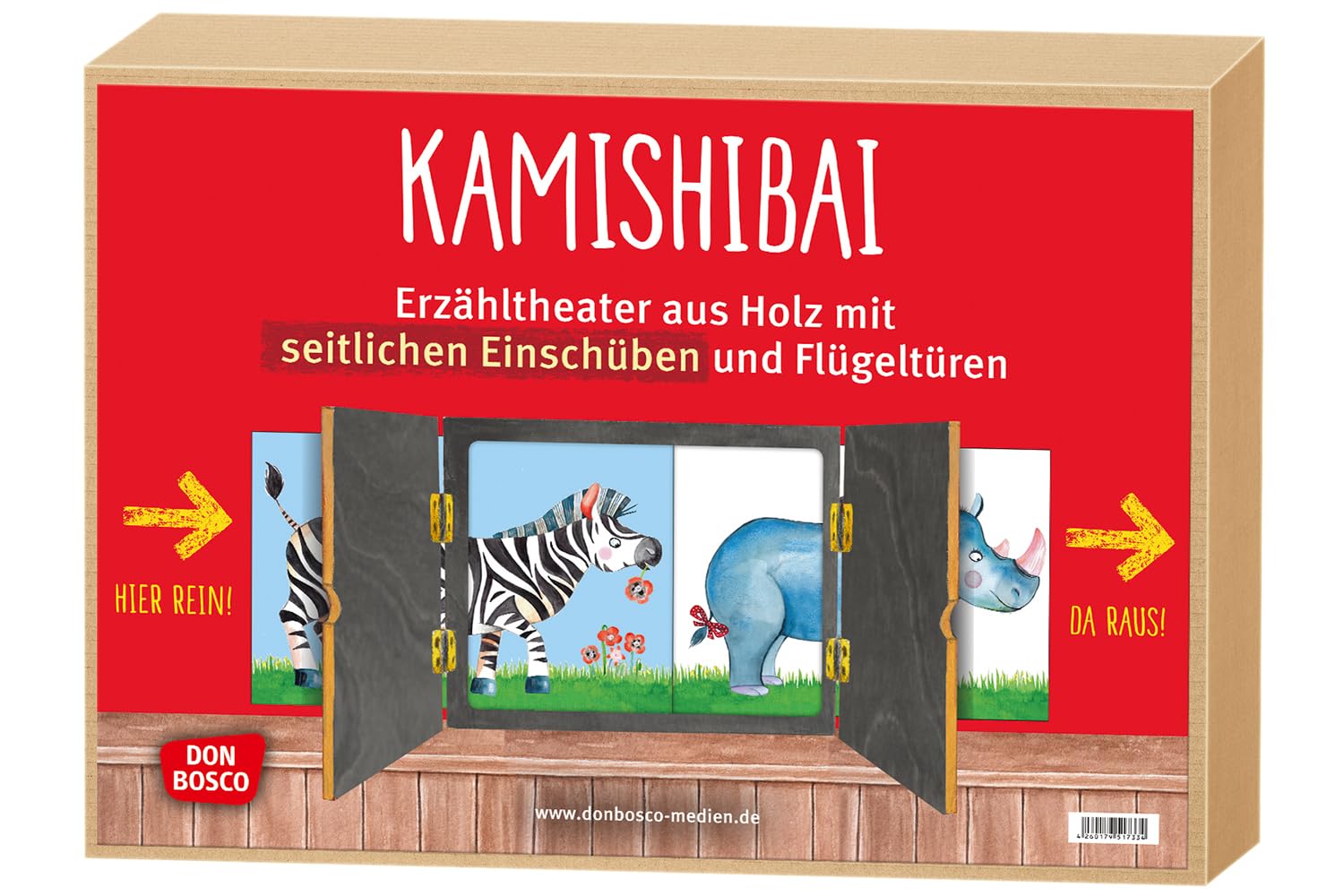 Kamishibai mit seitlichem Einschub und offener Rückwand. Erzähltheater für Bildkarten in DIN A3. Fertig montiert. Mit Don Bosco-Qualitätssiegel: ... Ausführung mit kindersicheren Scharnieren