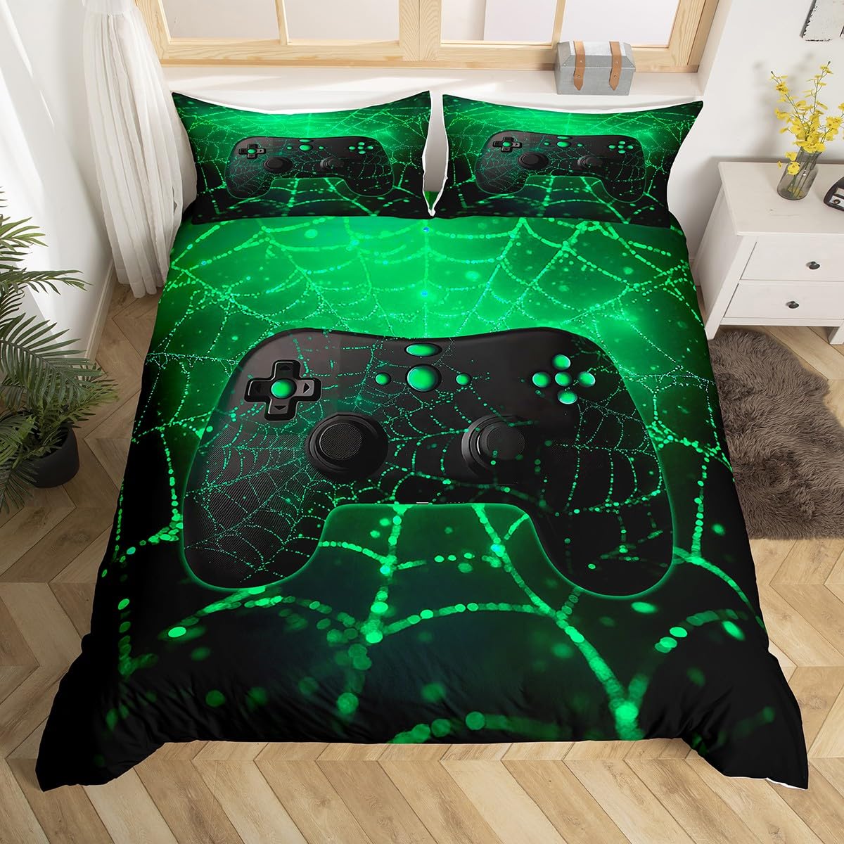 Homemissing Gamer Bettwäsche Set 135x200cm Grünes Gaming Honeycomb Bettbezug für Kinder Videospiel Gamepad Dekor Betten mit Reißverschluss Schlafzimmer Dekor