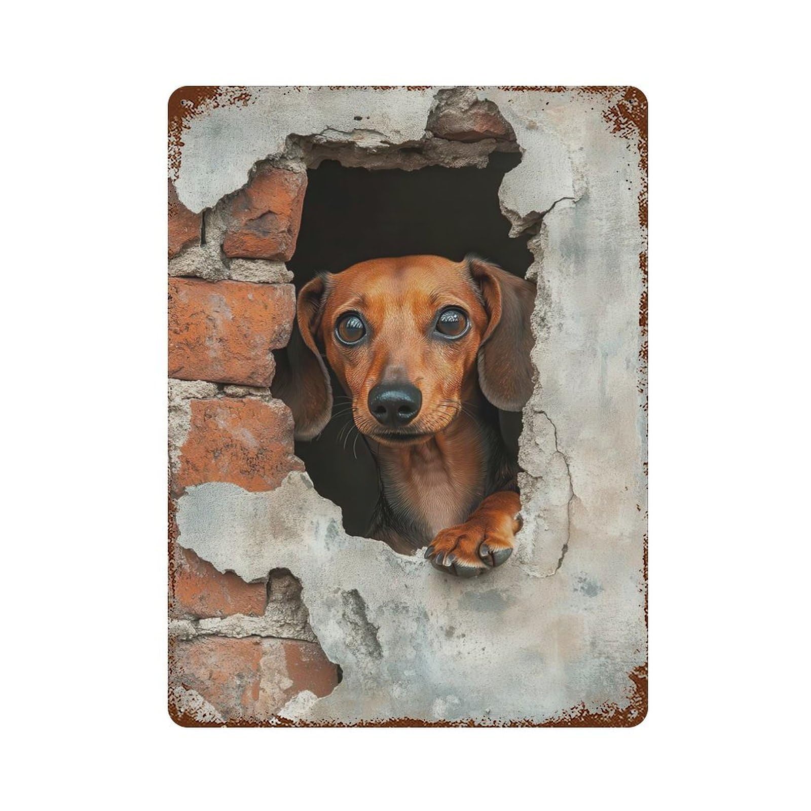 Rust Effect Dachshund Peeking Through Hole Wiener Rusty Metal Tin Sign 15.7"x11.8", Old School Wall Decor for Basement, Hobby Room And Garage Decor