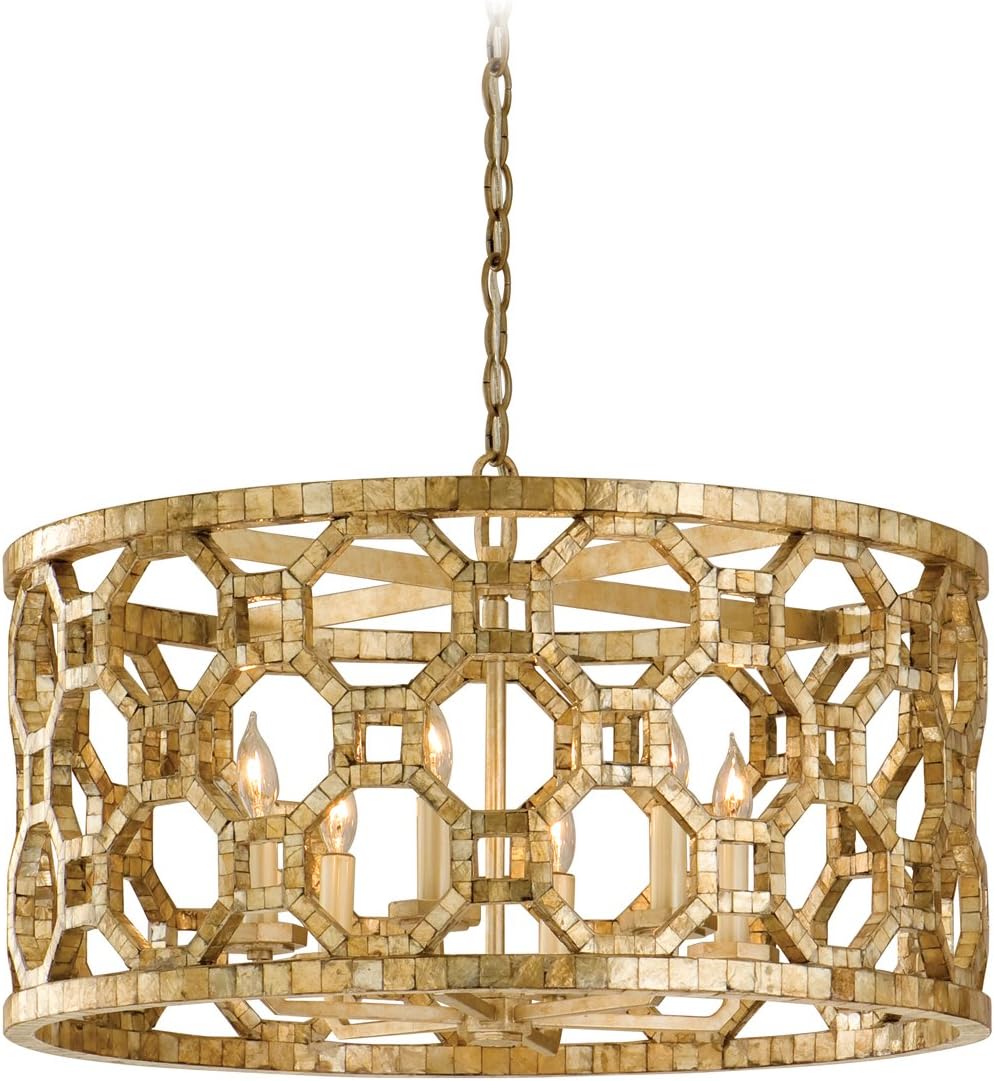 Stained Silver Leaf Regatta 6 Light Drum Chandelier with Hand Crafted Iron Frame and Smoked Capiz Shell Mosaic Plating