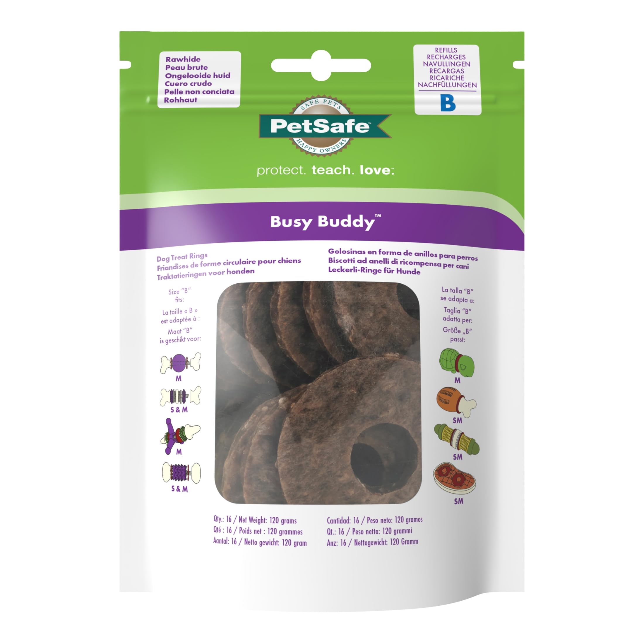 PetSafe Anneaux de Friandises en Peau de Bœuf pour Jouet Busy Buddy pour Chien, 16 Anneaux par Sachet, Taille B